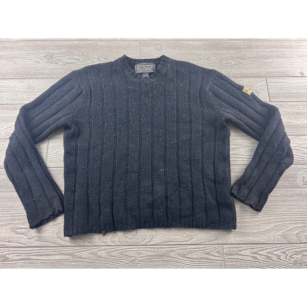 Vintage Abercrombie & Fitch Wool Ribbed V-Neck Sweater Navy Blue Mens Small